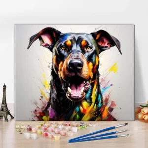TISHIRON Dog – számozott kifestő vászonra (színes dobermann, 40×50 cm, keret nélkül)