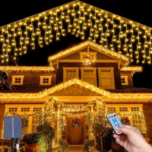Napelemes jégcsap tündérlámpák – 5 m, 128 LED, 8 üzemmód, távirányítóval